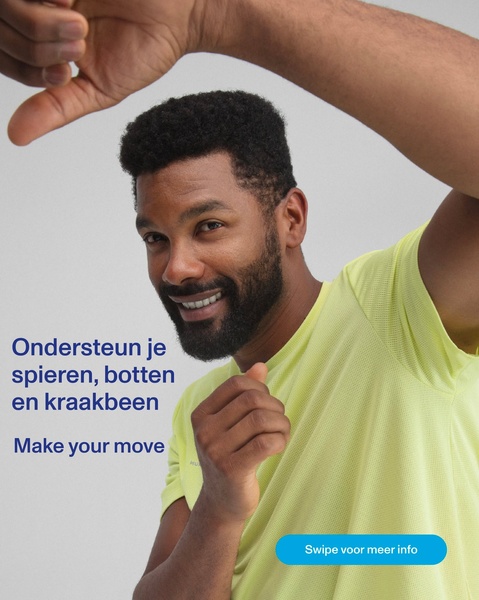 A clean, minimalist 4:5 static ad featuring a person in athletic wear with bold benefit-focused copy about muscle and bone health.
